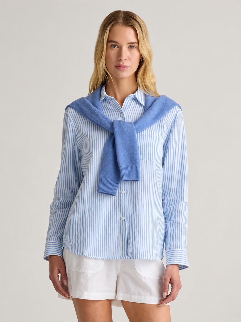 Quince 100% Organic Cotton Gauze Long Sleeve Shirt in Bayside Stripe Blue/White